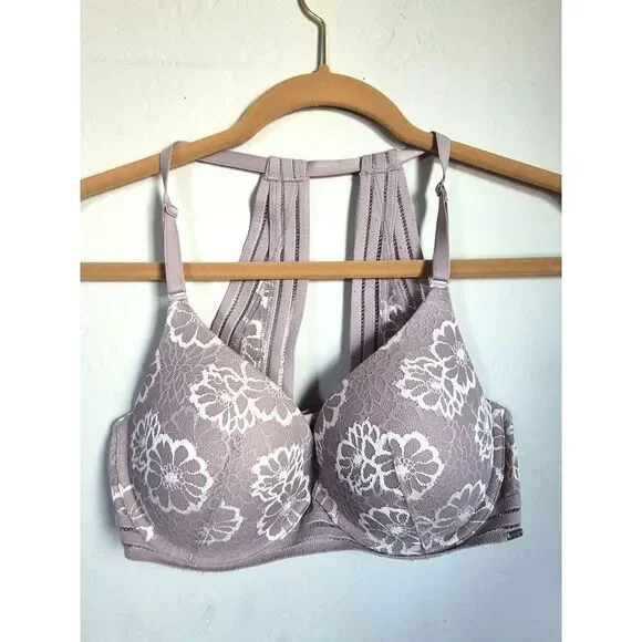 Victoria’s Secret PINK Lined Demi Bra 32DD Grey Pink Lace Racerback - Picture 1 of 6